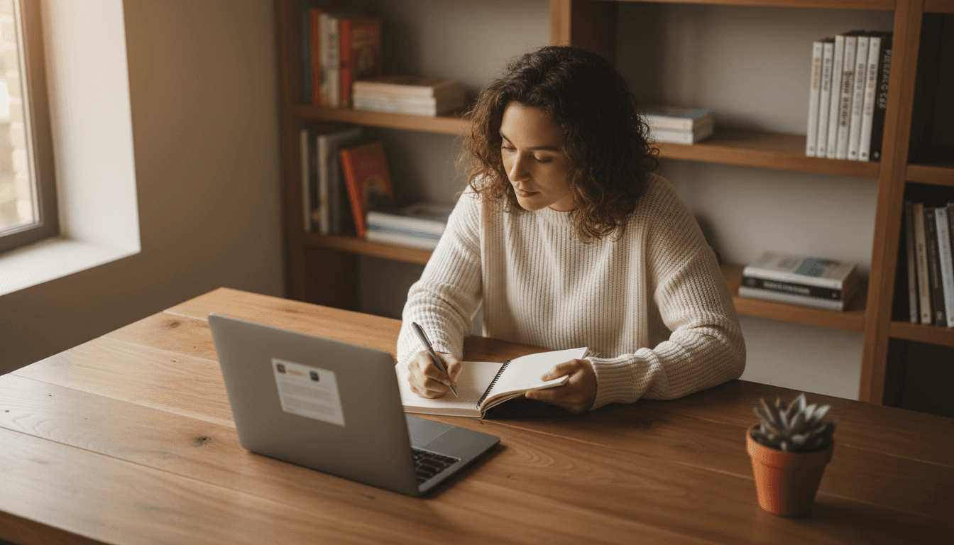 Person at a desk with laptop and notebook, learning about pet care business, warm natural lighting