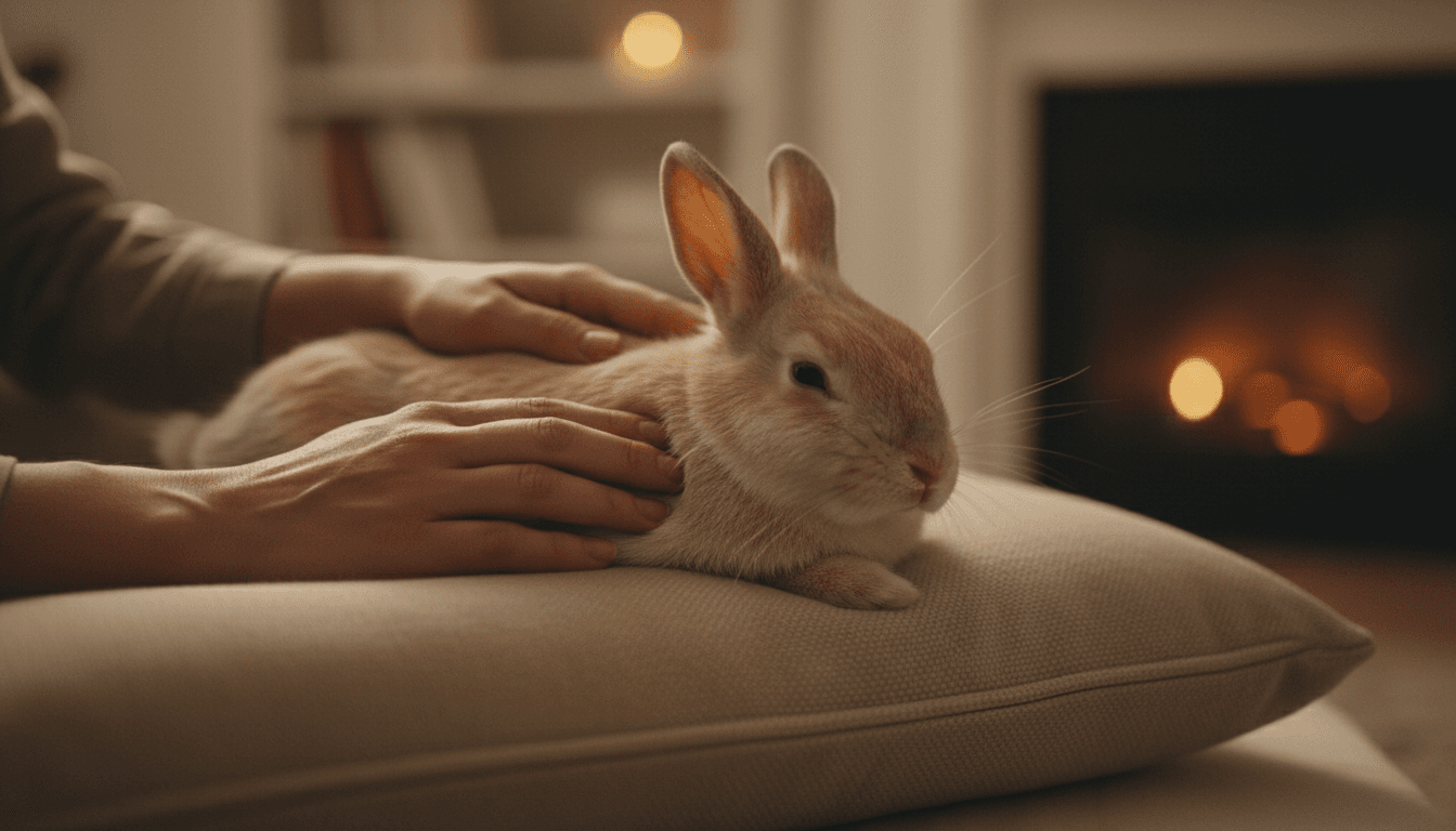 Gentle hands caring for a rabbit in a home setting