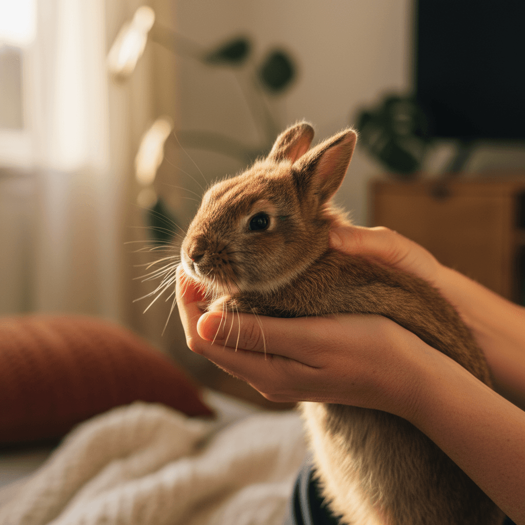 Hands gently holding a rabbit with proper care technique
