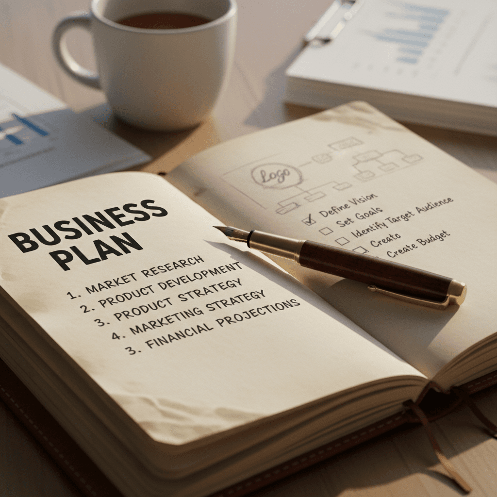 Handwritten business planning notes in notebook with pen