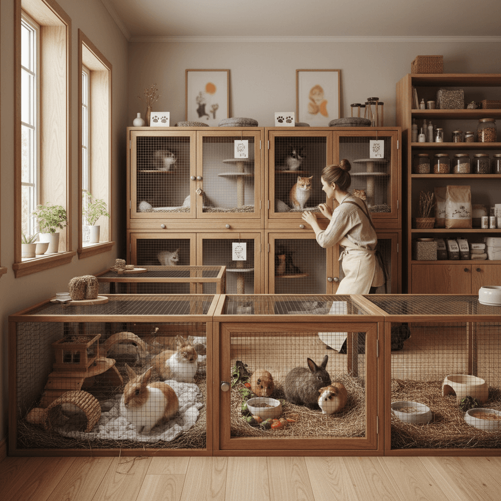 A spacious, well-organized home boarding setup with multiple enclosures
