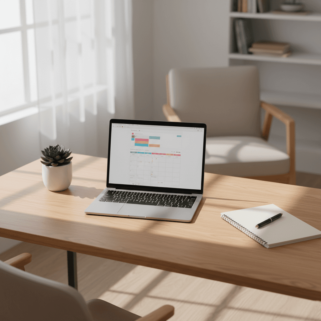 Home office setup with laptop showing booking management system
