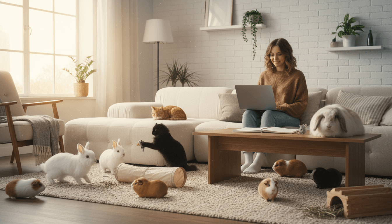 A person sitting in a cozy room surrounded by happy, healthy rabbits, guinea pigs, and cats