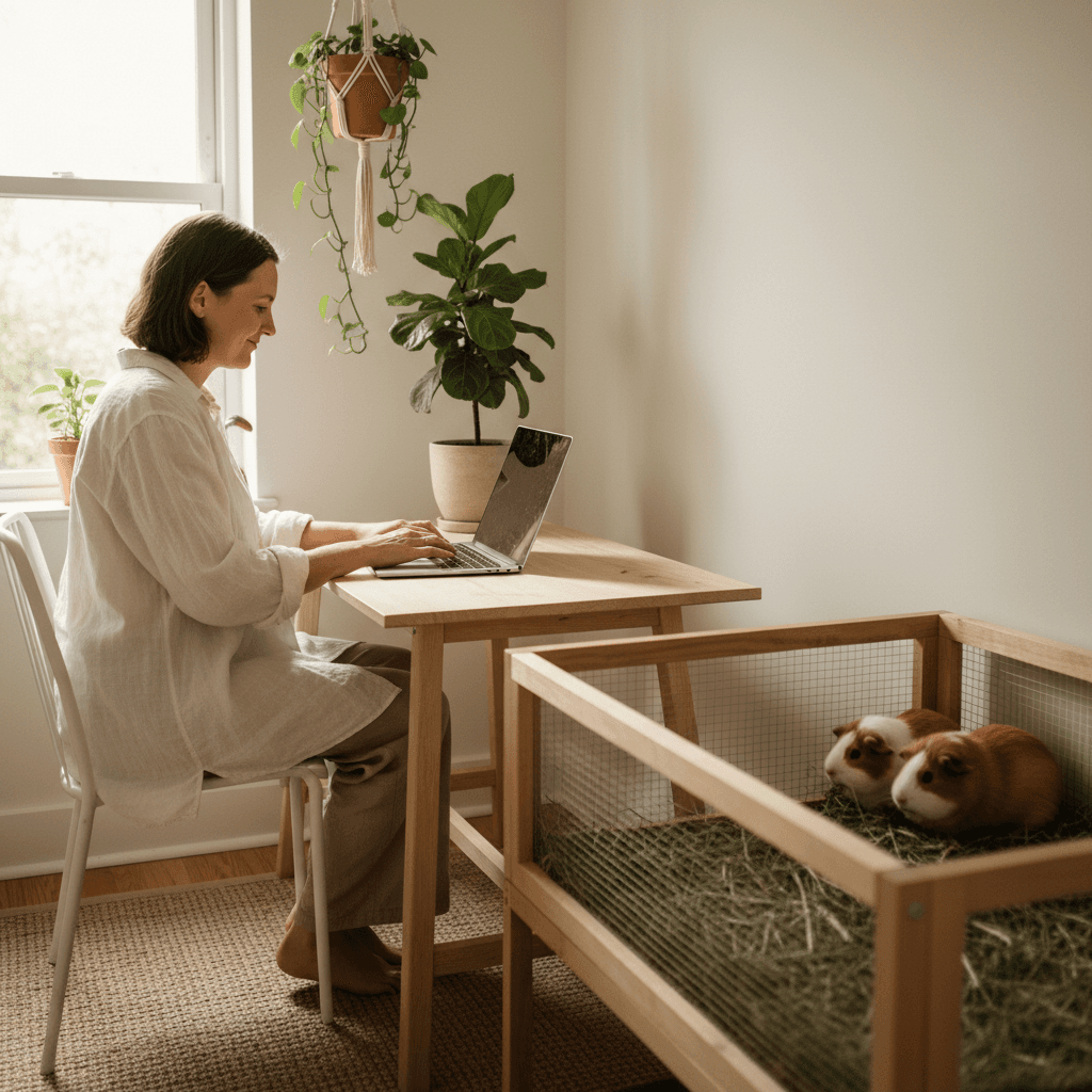 A fresh, bright lifestyle aesthetic medium shot of a person sitting at a laptop at a simple wooden desk in a bright home office space, with two guinea pigs in a nearby enclosure visible in soft focus.